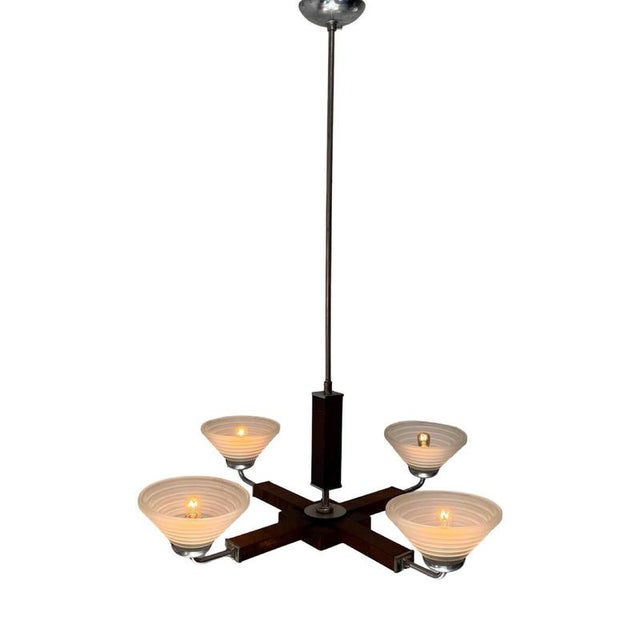 Art Deco Satin Glass, Walnut Veneer and Chromed Metal 4-Light Chandelier, Former Czechoslovakia, 1930 For Sale - Image 10 of 10