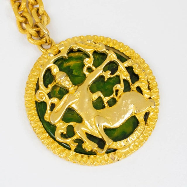 Gold Pauline Rader Gilded Necklace with Green Bakelite Centaur Pendant For Sale - Image 8 of 12