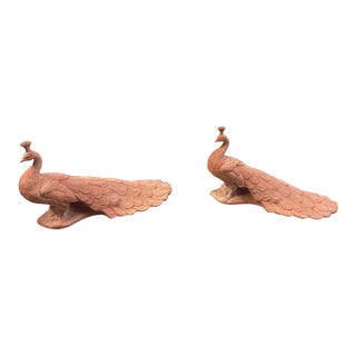 Pair of Vintage Tuscan Terra Cotta Peacock Garden Sculptures For Sale