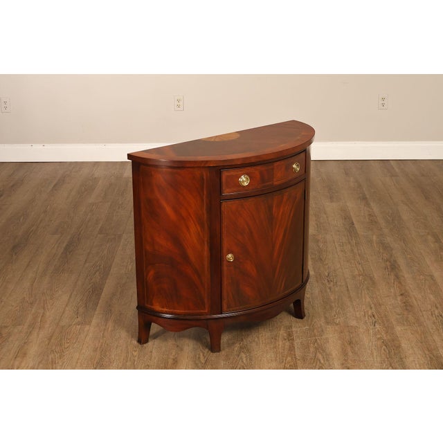 High Quality American Made Mahogany Demilune Console with Single Dovetailed Drawer Over Cabinet Storage, Inlaid and...