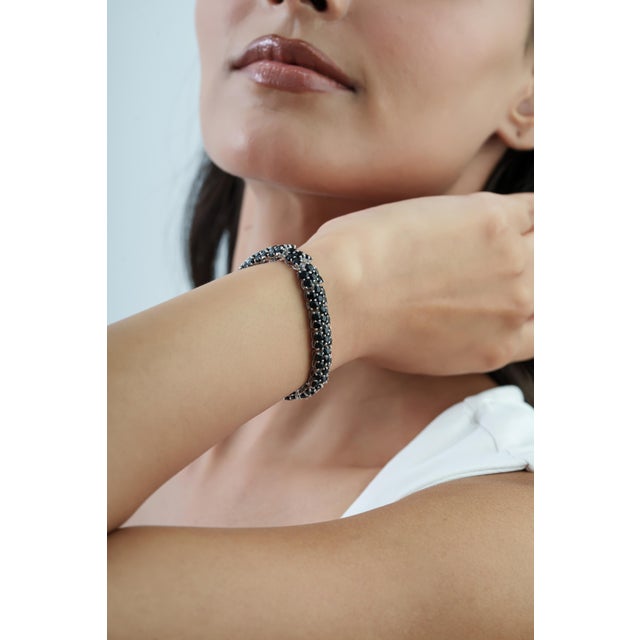 Wide Three Row Mosaic 14.37 CTW Black Onyx Tennis Bracelet in 925 Sterling Silver 7 Inch For Sale - Image 9 of 15
