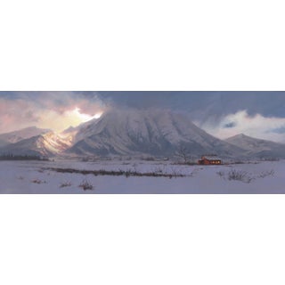 Out in the Cold by Mark Harrison | Oil on Canvas Landscape with a cabin in a snowy mountain scene For Sale