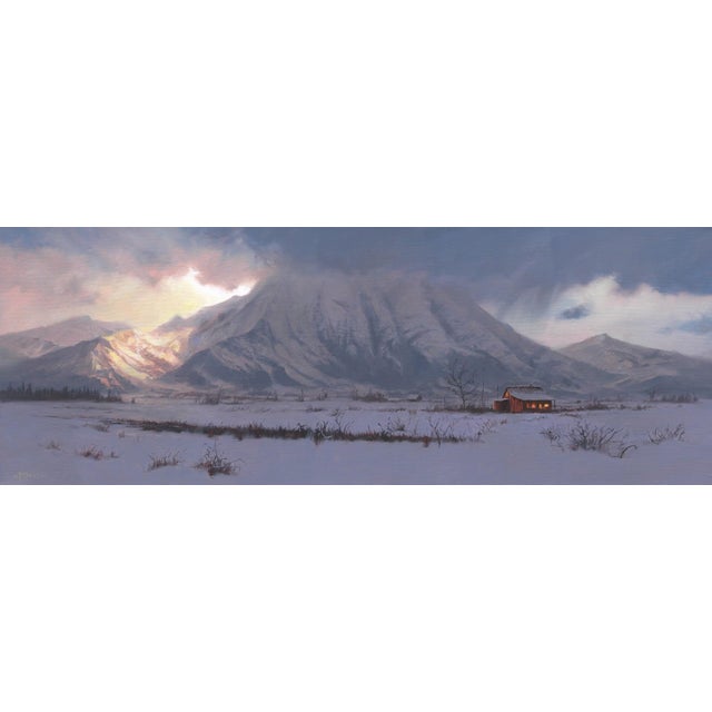 Out in the Cold by Mark Harrison | Oil on Canvas Landscape with a cabin in a snowy mountain scene For Sale