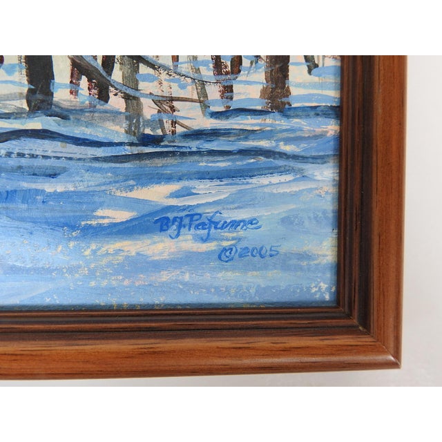 Small contemporary acrylic on paper snowy winter forest landscape painting by Barbara J. Pafume (21st century) Vermont....