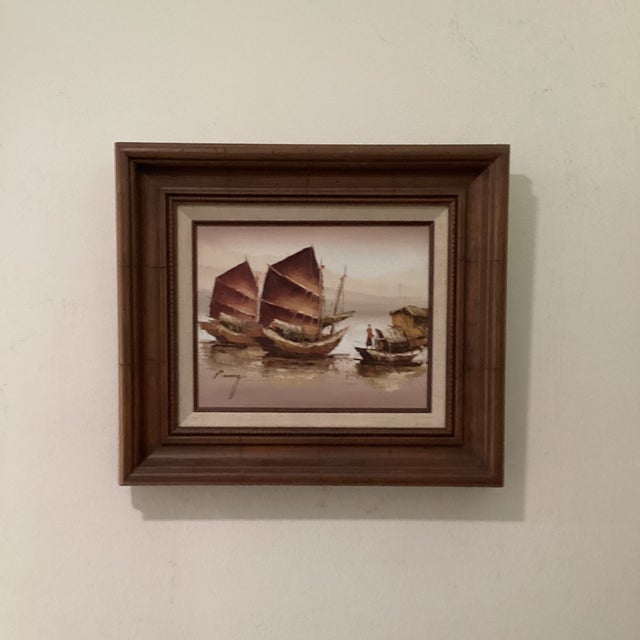 Vintage Painting of Mixed Media Chinese Junk Boats by Paul Wong Framed For Sale - Image 12 of 12