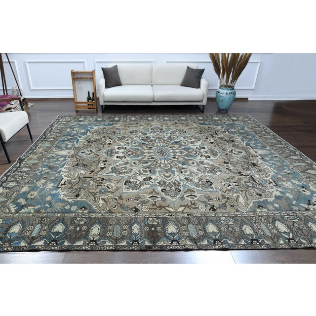 1970s Vintage Persian Handmade Wool Cotton Green Blue Area Rug For Sale In San Francisco - Image 6 of 11