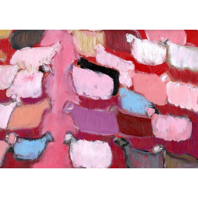 Wood Sheep, Angels, Birds II, Vintage Style Mid Century Modern Oil Painting by Alexandra Swistak For Sale - Image 7 of 8