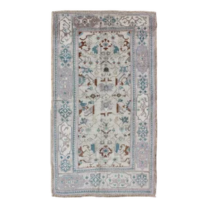 Mid 20th Century Vintage All-Over Floral Turkish Oushak Area Rug in Cream, Blue, Lilac and Brown
