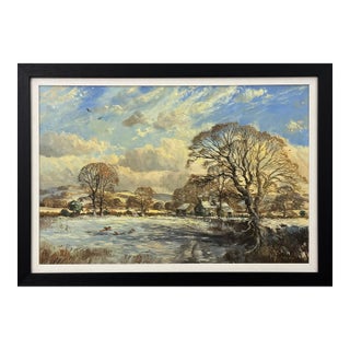 John Miller Winter landscape with snow covered fields & farmhouse in the English Countryside 1985 Circa For Sale