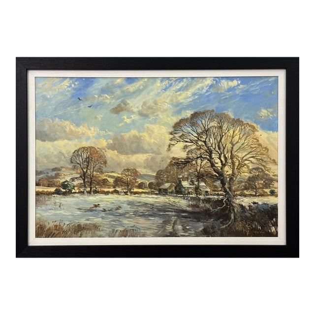 John Miller Winter landscape with snow covered fields & farmhouse in the English Countryside 1985 Circa For Sale