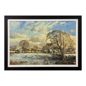 John Miller Winter landscape with snow covered fields & farmhouse in the English Countryside 1985 Circa
