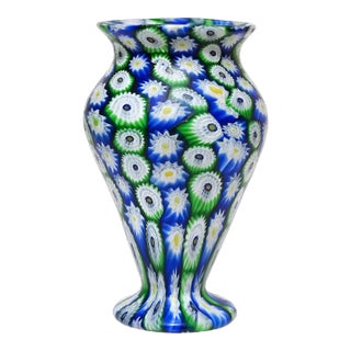 Fratelli Toso Murano Antique Blue Green White Millefiori Mosaic Italian Art Nouveau Glass Flower Vase For Sale