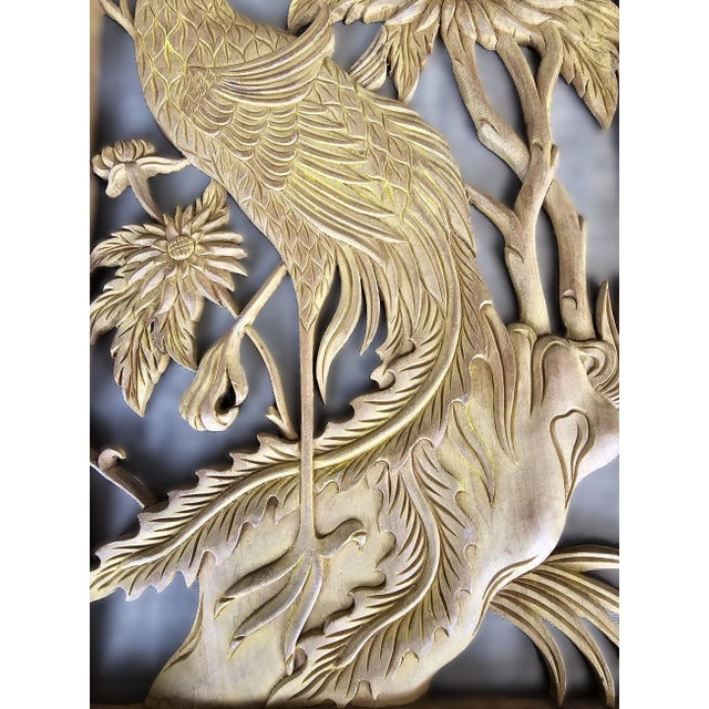 1970s Vintage Phoenix Peony Chinese Relief Carved Wood Panel Wall Sculpture For Sale - Image 9 of 11