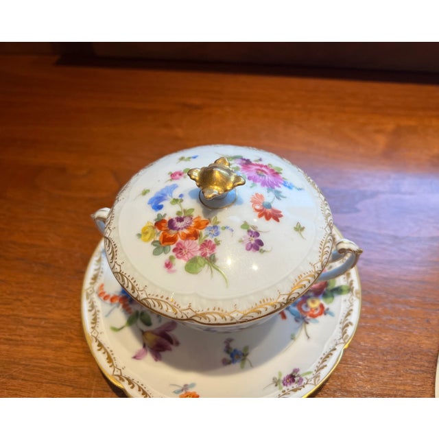 Late 19th Century Antique Dresden Covered Soup Bowls and Saucers With Double Handles Set- 12 Pieces For Sale - Image 5 of 10