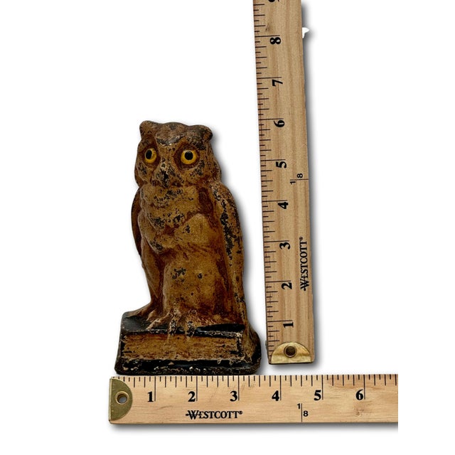 Unusual Antique American Cast Iron Wise Old Owl Sitting on a Book Figurative Doorstop - Circa 1920s. For Sale - Image 17 of 18