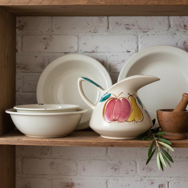 1960s Vintage, Hand Painted Fruit Pitcher – Farmhouse Pottery – Mid-Century Creamer For Sale - Image 5 of 9