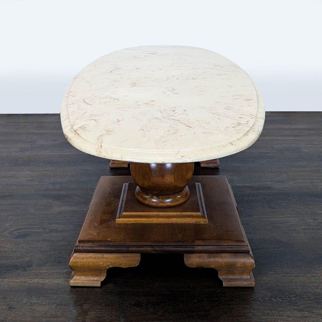 Traditional Vintage Oval Marble Top Coffee Table With Double Wood Pedestal Base For Sale - Image 3 of 7