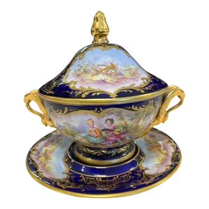 19th Century French Sevres Style Cobalt Porcelain Lidded "Courting" Dish