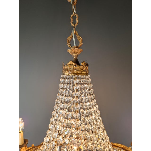 Antique Oval Crystal Chandelier Louis XVI Revival Empire Style Brass 12 Lights For Sale - Image 11 of 13