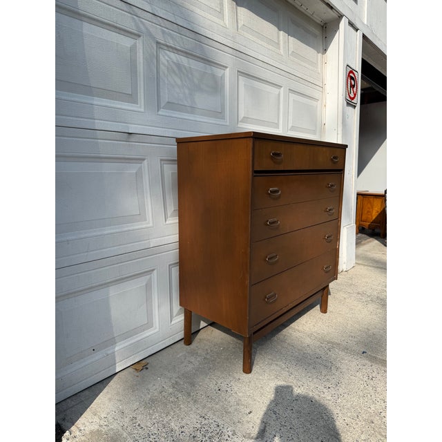 Mid-Century Modern Mid Century Modern Walnut Highboy Dresser With Sculptural Brass Ring Pulls For Sale - Image 3 of 12
