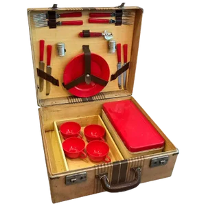 1940s Mid Century Picnic Set Wood Case with Red Dishes - for Four, 21 Pieces
