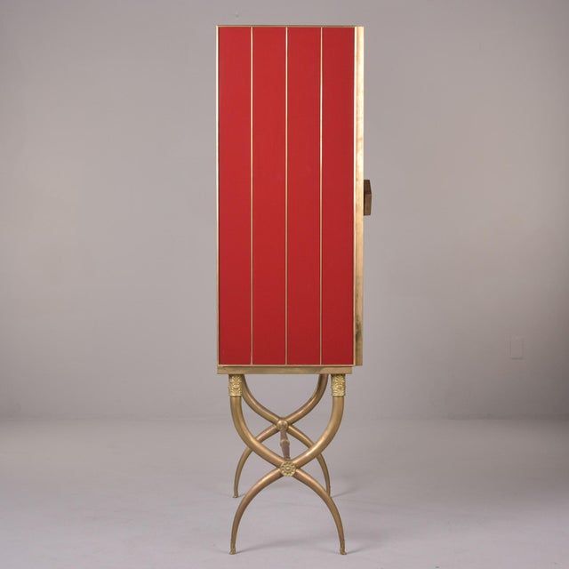 Wood Tall Italian Mid Century Red Glass and Brass Bar Cabinet For Sale - Image 7 of 12