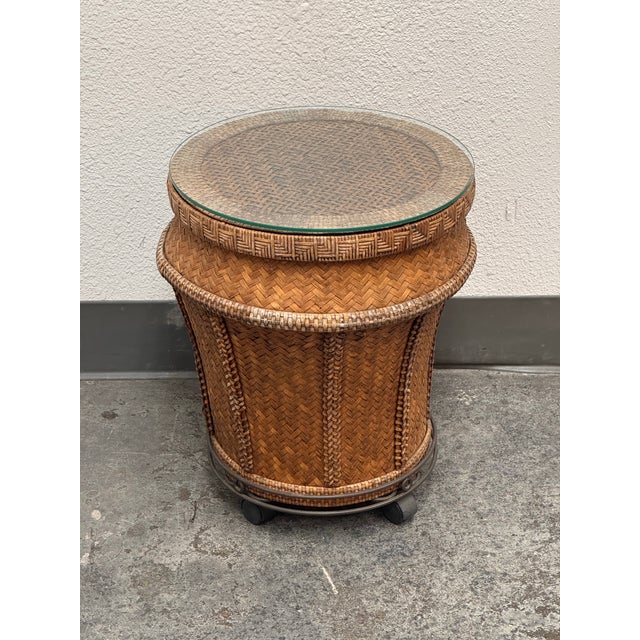 Woven Rattan Drum Side Table + Glass Top, Vintage For Sale - Image 9 of 12