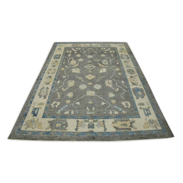 Early 21st Century Gray Floral Design Handwoven Wool Turkish Oushak Rug 6'1" X 8'4" For Sale In Houston - Image 6 of 8
