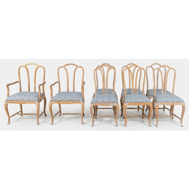 Gustavian Style Cerused Dining Chairs in New Blue & White Linen Set of 8 For Sale - Image 15 of 15