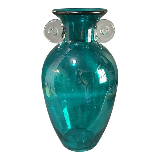 Glass Late 20th Century Neoclassical Style Hand Blown Art Glass Blue Clear Handle Vase For Sale - Image 7 of 7