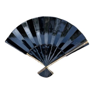 Japanese Black Porcelain Fan-Shaped Decorative Tray With Metallic Trim For Sale