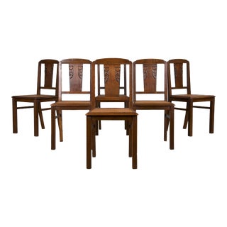 1930s French Art Deco Oak Dining Chairs W/ Cane Seats - Set of 6 For Sale