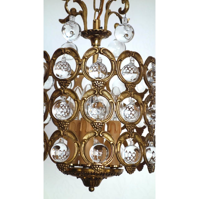 Antique French Brass and Crystal Ball 4-Light Chandelier, 1930s For Sale - Image 13 of 18