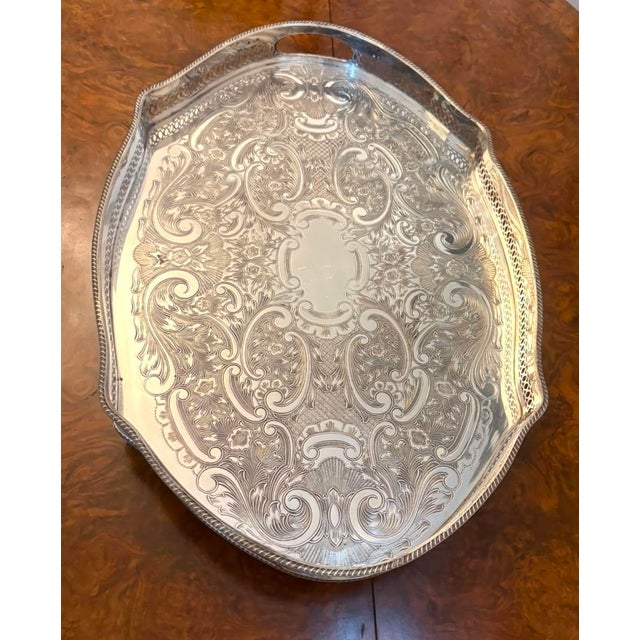 1900 - 1909 Antique Edwardian Silver-Plated Engraved Tea Tray with Pierced Gallery, 1900 For Sale - Image 5 of 15