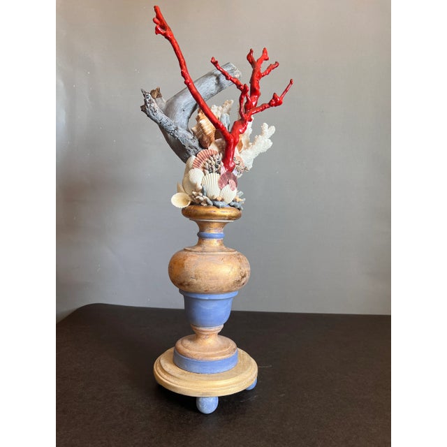 Vintage Italian Baroque Style Faux red coral table article. Beautiful Giltwood and French blue painted wooden urn on the...