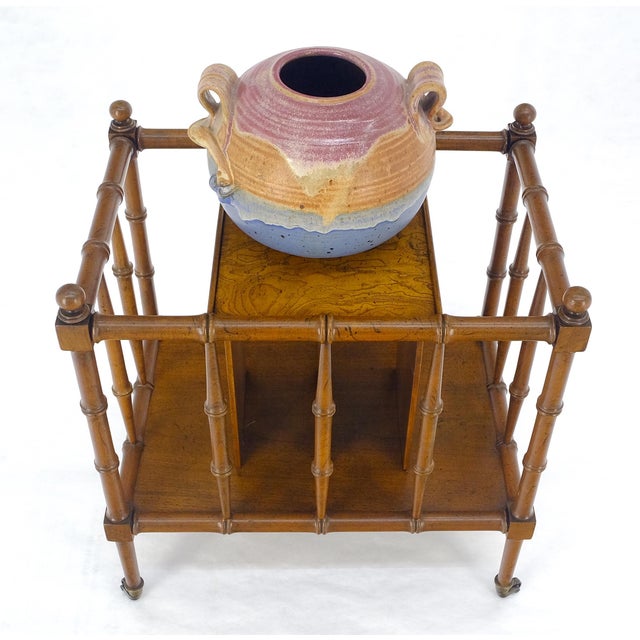 Faux Bamboo & Burl Canterbury Magazine Rack Stand Table on Brass Wheels MINT! For Sale - Image 11 of 11
