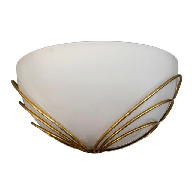 Italian 1960s Italian Mid-Century Half-Moon Murano Opaline Glass & Brass Wall Sconces - Pair For Sale - Image 3 of 7