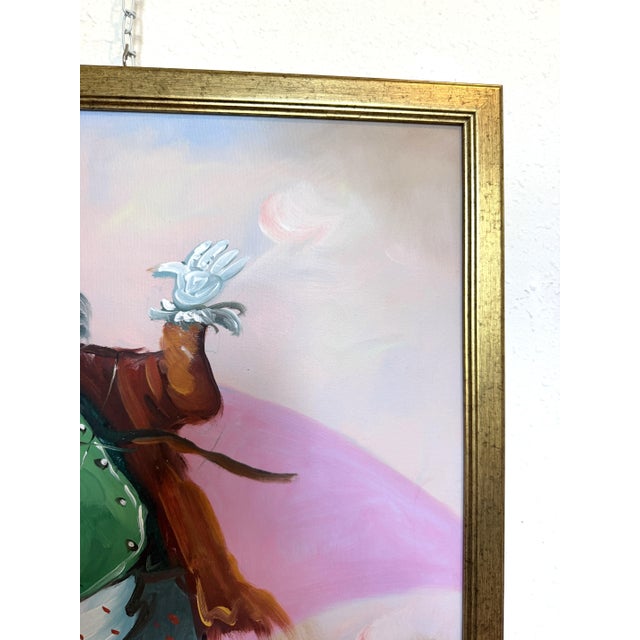 Expressive and playful oil painting on canvas depicting a cheerful clown musician in motion, rendered in a vibrant and...