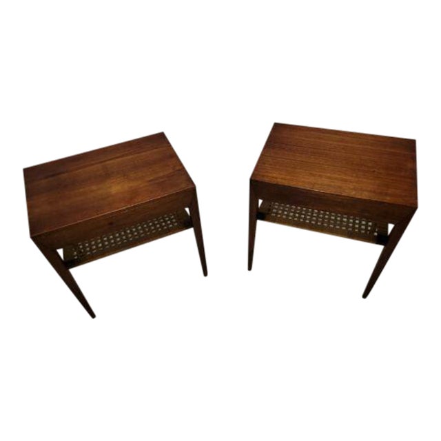 1960s Danish Rosewood Side Table With Rattan Shelf - Set of 2 For Sale
