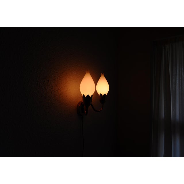 Brass and Opaline Glass Tulip 2-Arm Wall Lamp from Fog & Mørup, 1950s For Sale - Image 6 of 7