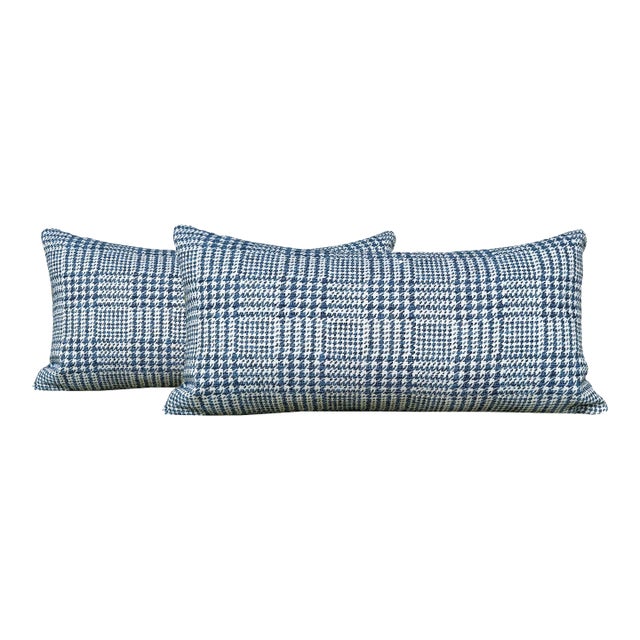 Blue and White Plaid Lumbar Pillows - A Pair For Sale