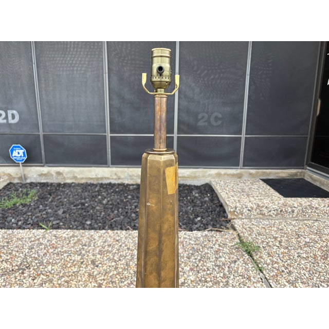 French Modern Brass Floor Lamp. Offered is a stunning heavy weight French mid-century geometric brass floor lamp. Our lamp...