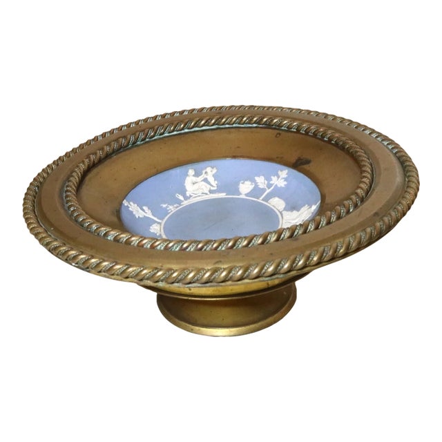 Rare Antique 1800's Wedgewood Jasperware Bronze Mounted Tazza Compote Bowl Blue For Sale
