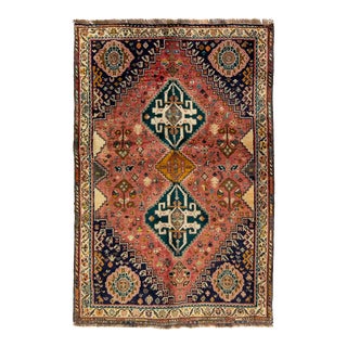 Vintage Handmade Shiraz Wool Rug in Red With Allover Design For Sale