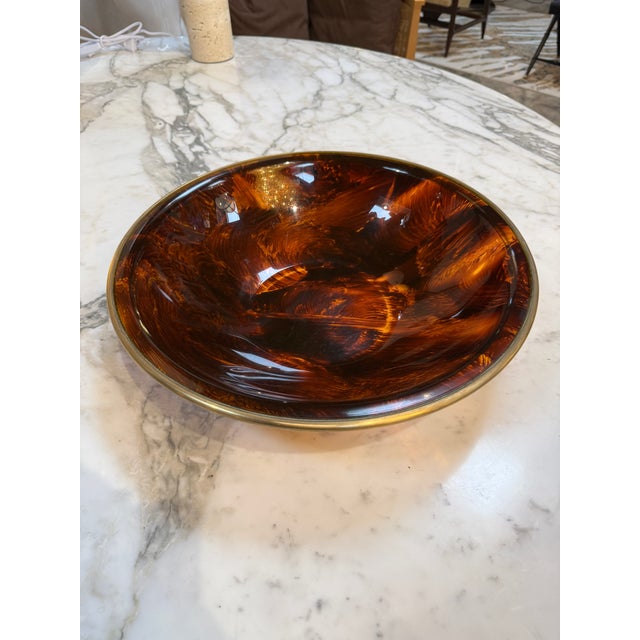1970s Vintage Amber Swirl Glass Bowl With Brass Rim For Sale - Image 5 of 8