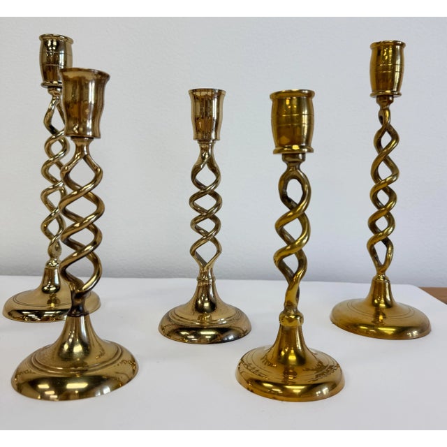 Vintage Brass Barley Twist Candlesticks, Set of 6 For Sale - Image 4 of 6