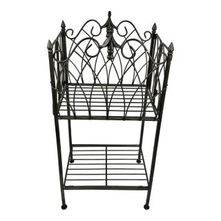 Mid-Century Boho Chic French Style Fluer De Lis Folding Iron Plant Stand With Two Tiers For Sale