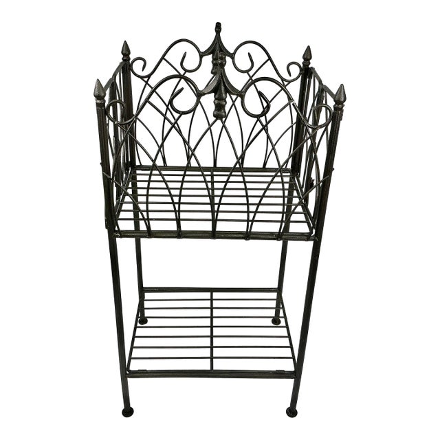 Mid-Century Boho Chic French Style Fluer De Lis Folding Iron Plant Stand With Two Tiers For Sale