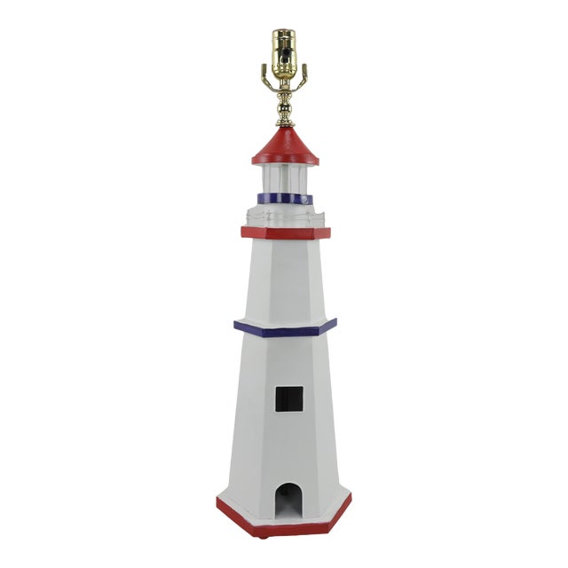 Vintage Red and Blue Lighthouse Nautical Table Lamp For Sale