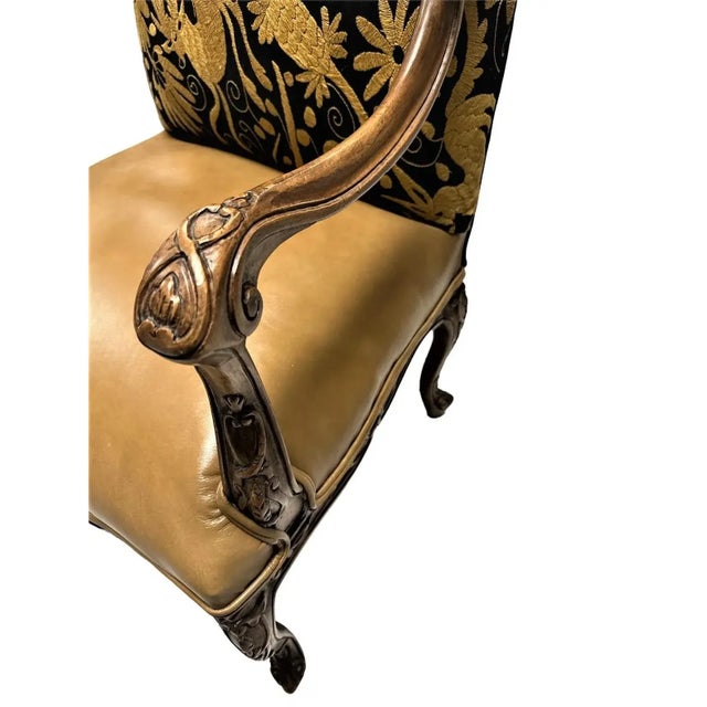 Late 20th Century Late 20th Century Empress Carlota' Louis XV Large Fauteuil - Carved Walnut Reupholstered With Otomi Hand Embroidery and Leather For Sale - Image 5 of 13